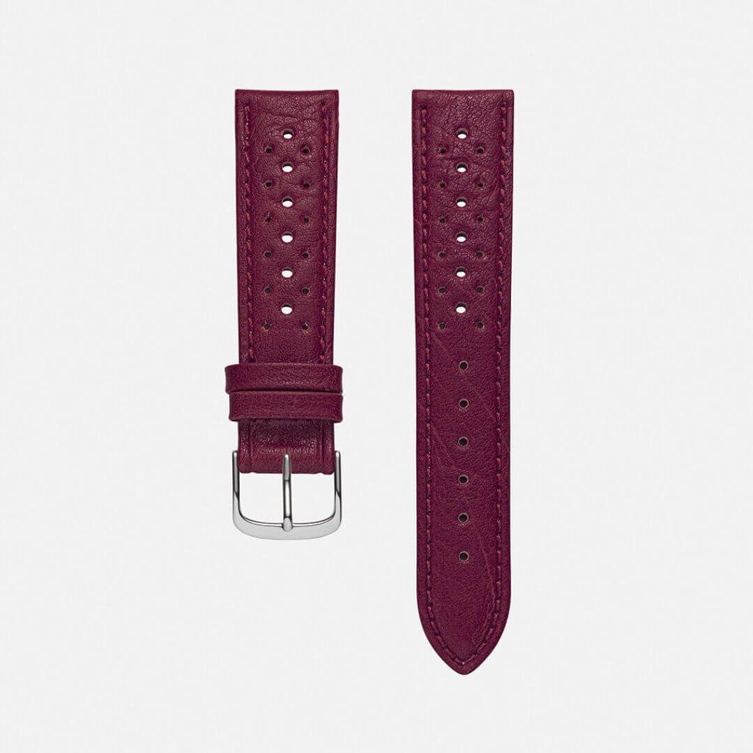 Uhrenarmband aus echtem Leder in Bordeaux von FLUCO – handgefertigt in Deutschland mit Kontrastnaht