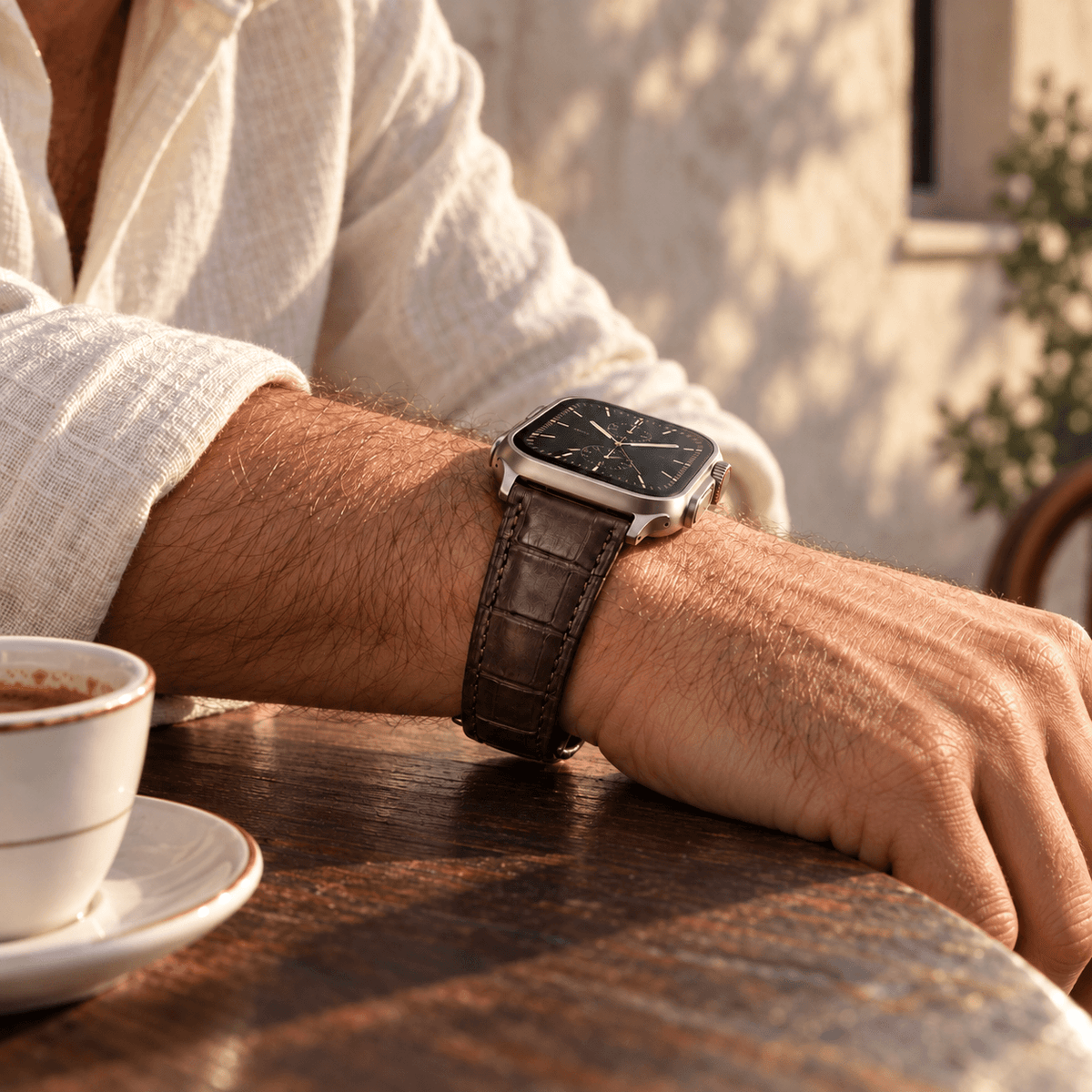Dunkelbraunes Apple Watch Armband Louisiana Alligator Full Cut am Handgelenk neben einer Kaffeetasse auf dem Tisch.
