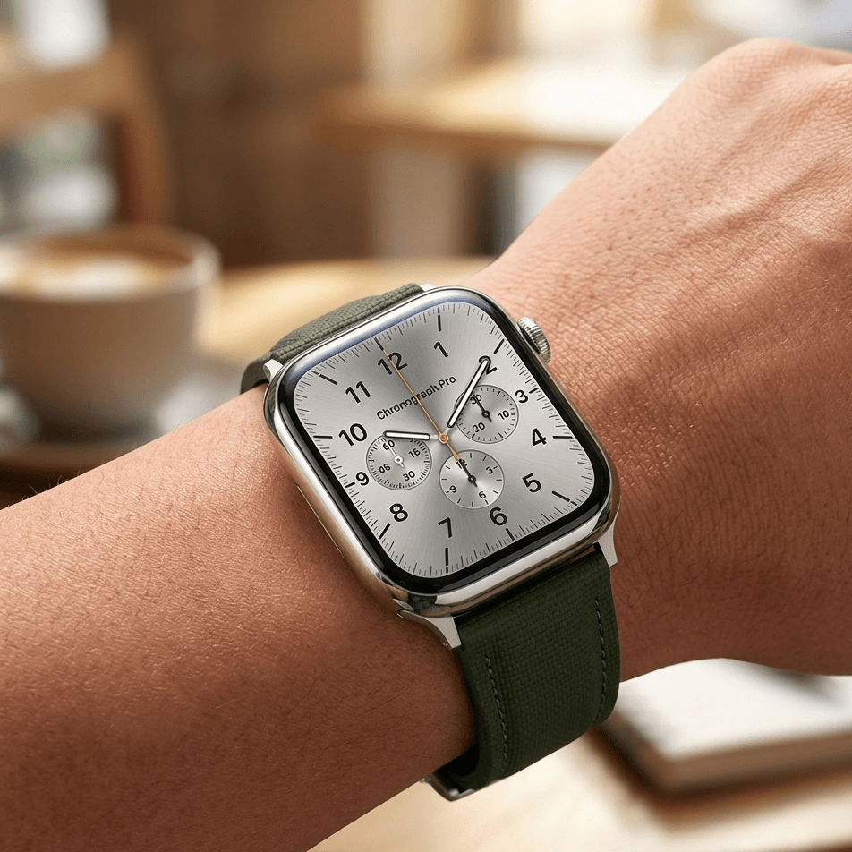 Monaco Olive –  Faltschließen Apple Watch aus FKM Kautschuk an Handgelenk in entspannter Café-Umgebung.