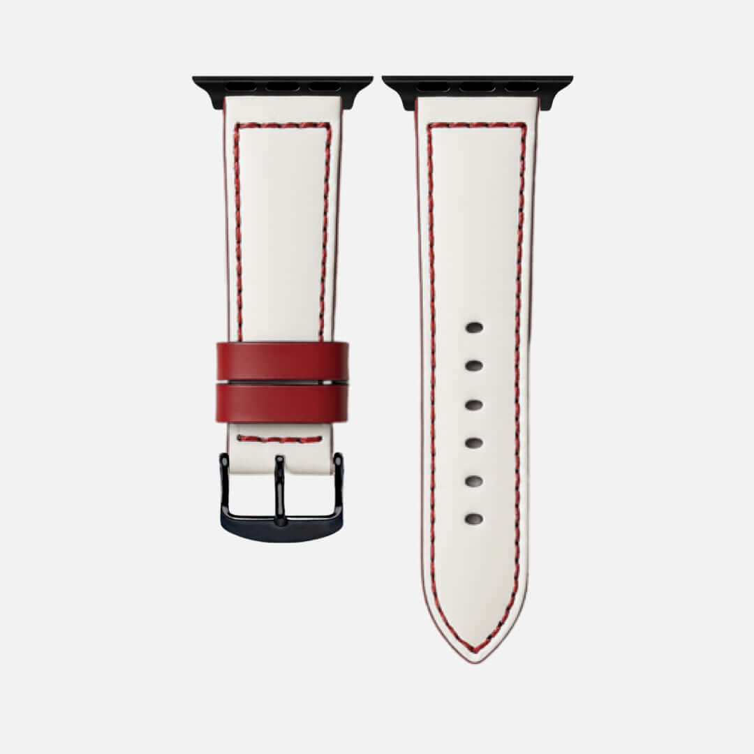 Das Sandlot – Weißes Baseball-Leder Apple Watch Band in Reinweiß mit roter Naht und Schnalle. Hochwertiges Kalblederarmband.