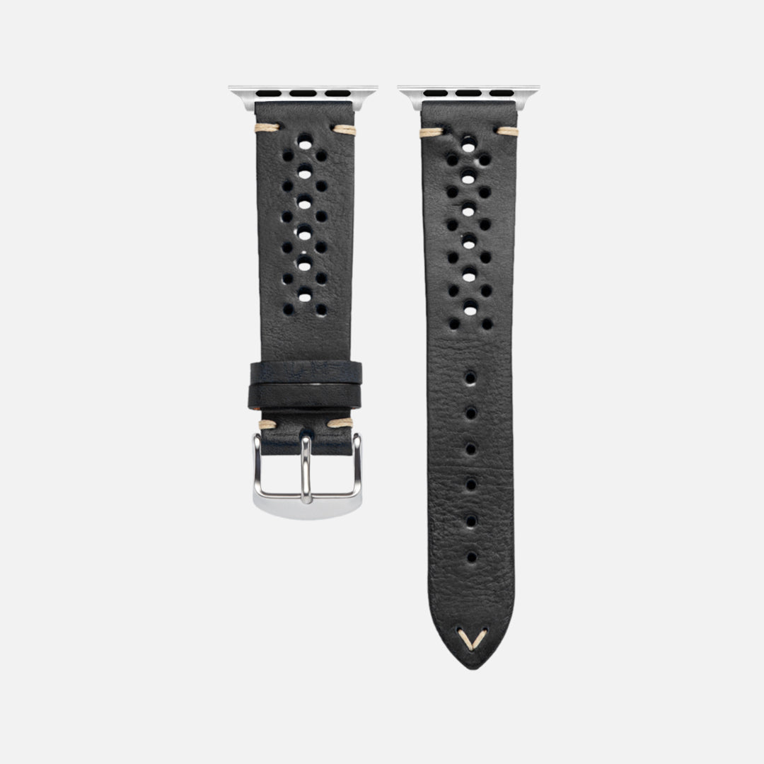 Rallye Lederband für Apple Watch in Schwarz, handgefertigt aus vegetabil gegerbtem Rindleder, sportliches und elegantes Design.