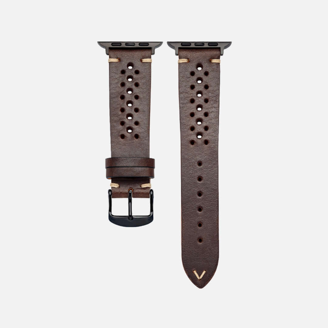 Rallye Lederband für Apple Watch Dunkelbraun, handgefertigt in Bayern, umweltfreundliches Rindleder aus der Toskana.