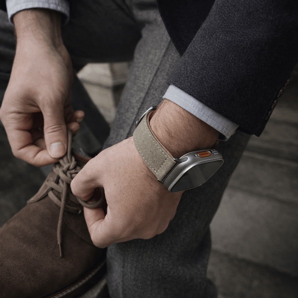 Beiges 24mm Apple Watch Ultra Lederhosen Armband – aus altsämisch gegerbtem Hirschleder, stilvoll kombiniert zu einem eleganten Outfit.