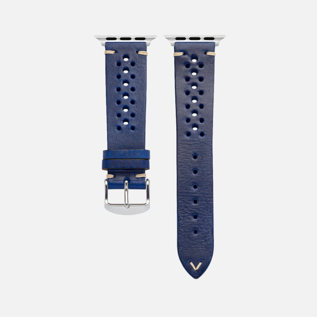 Rallye Lederband für Apple Watch – Blau, handgefertigt aus toskanischem Rindleder, sportliches Design, umweltfreundlich und chemiefrei.