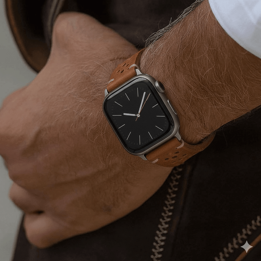 Rallye Lederband für Apple Watch – Hellbraun, stilvolles hellbraunes Lederarmband an einem Handgelenk
