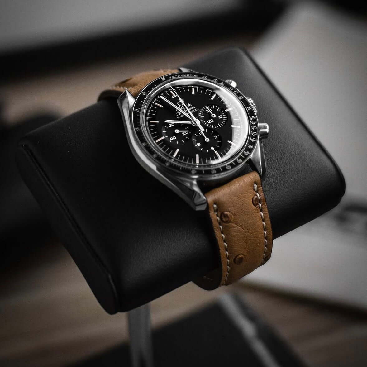 Johannesburg – Uhrenarmband aus feinem Straußenleder an einer eleganten Uhr präsentiert.