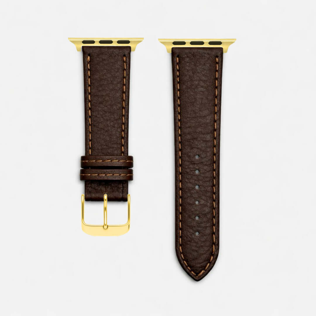 Apple Watch Stierlederarmband Torro Modern Dunkelbraun aus spanischem Leder mit goldenen Verschlüssen, rustikaler Stil.