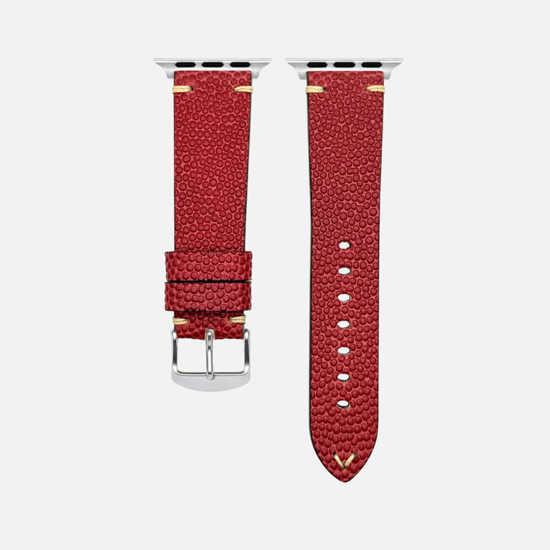 Wilson – Handgefertigt aus original Horween Footballleder Uhrenarmband in Rot mit geprägter Narbung und Silberschließe.