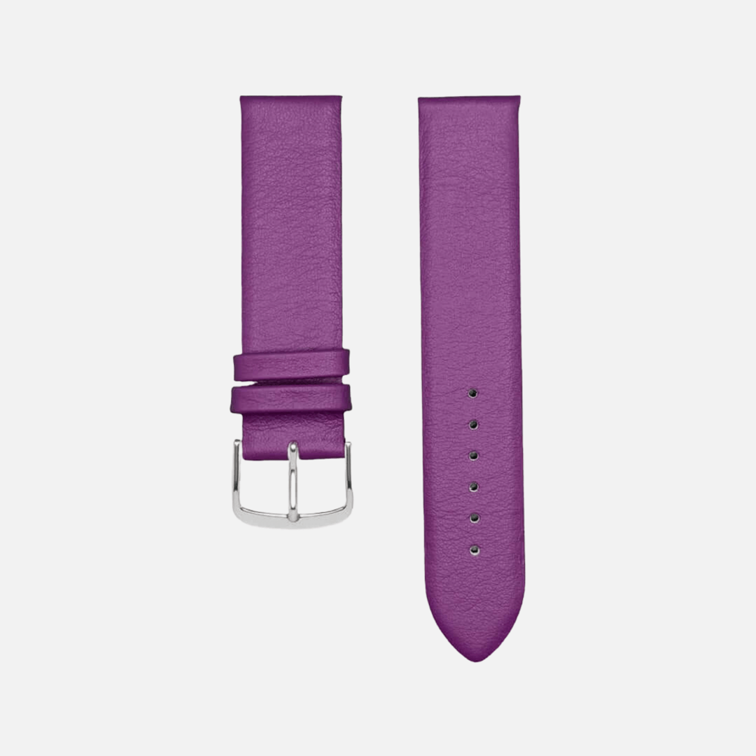 Lederarmband Damenuhr – Modell Holiday von FLUCO, hochwertiges violettes Kalblederarmband, zwei Teile mit silberner Schnalle.