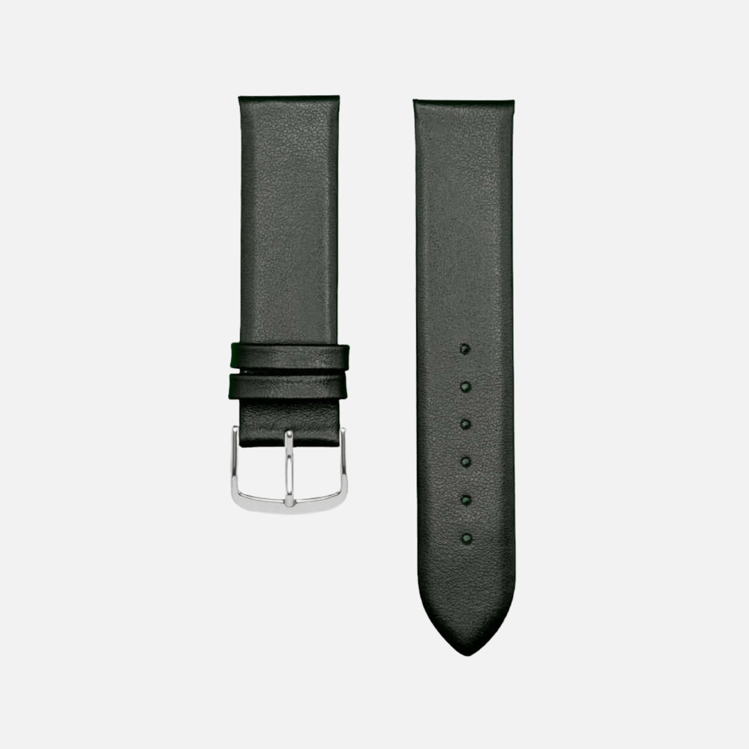 Lederarmband Damenuhr – Modell Holiday von FLUCO, hochwertiges schwarzes Kalblederarmband mit silberner Schnalle.
