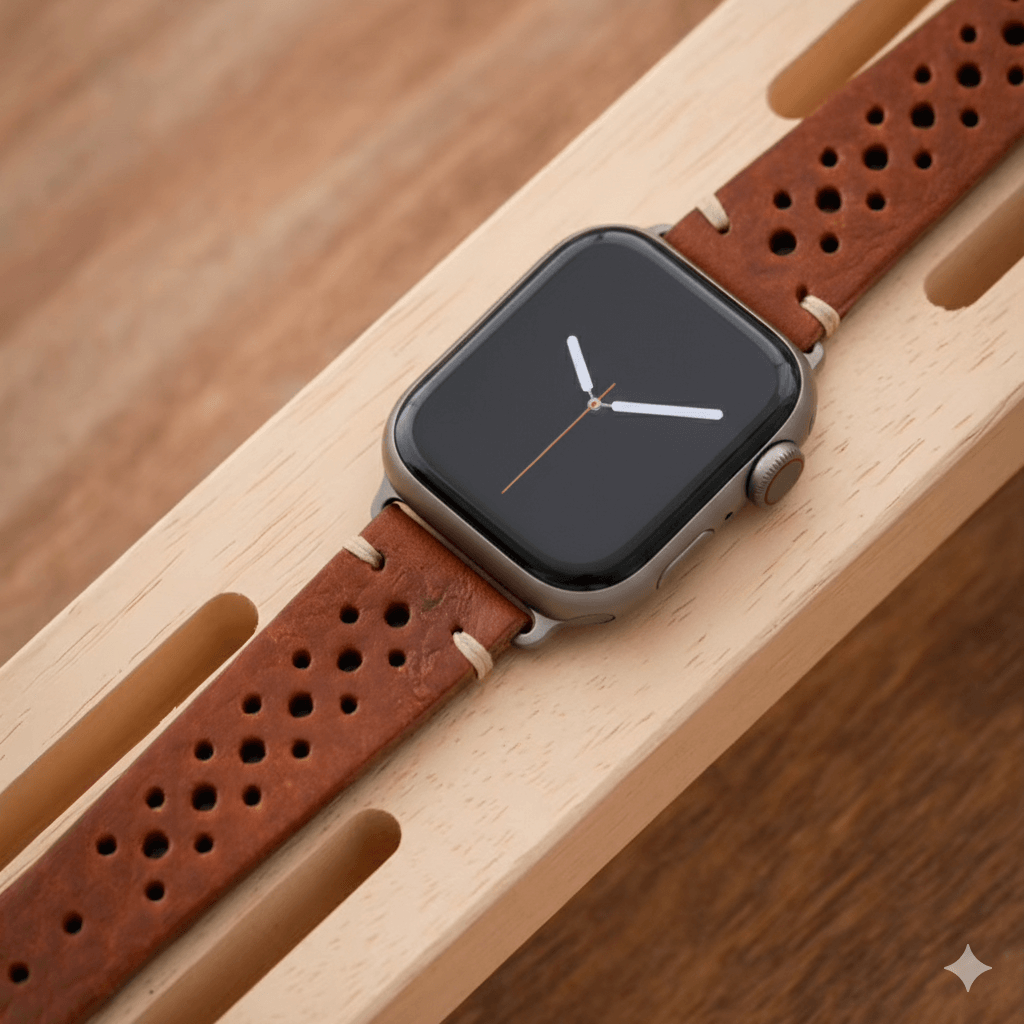 Rallye Lederband für Apple Watch – Hellbraun, perforiertes design, aus toskanischem Rindleder, hochwertig gefertigt in Bayern