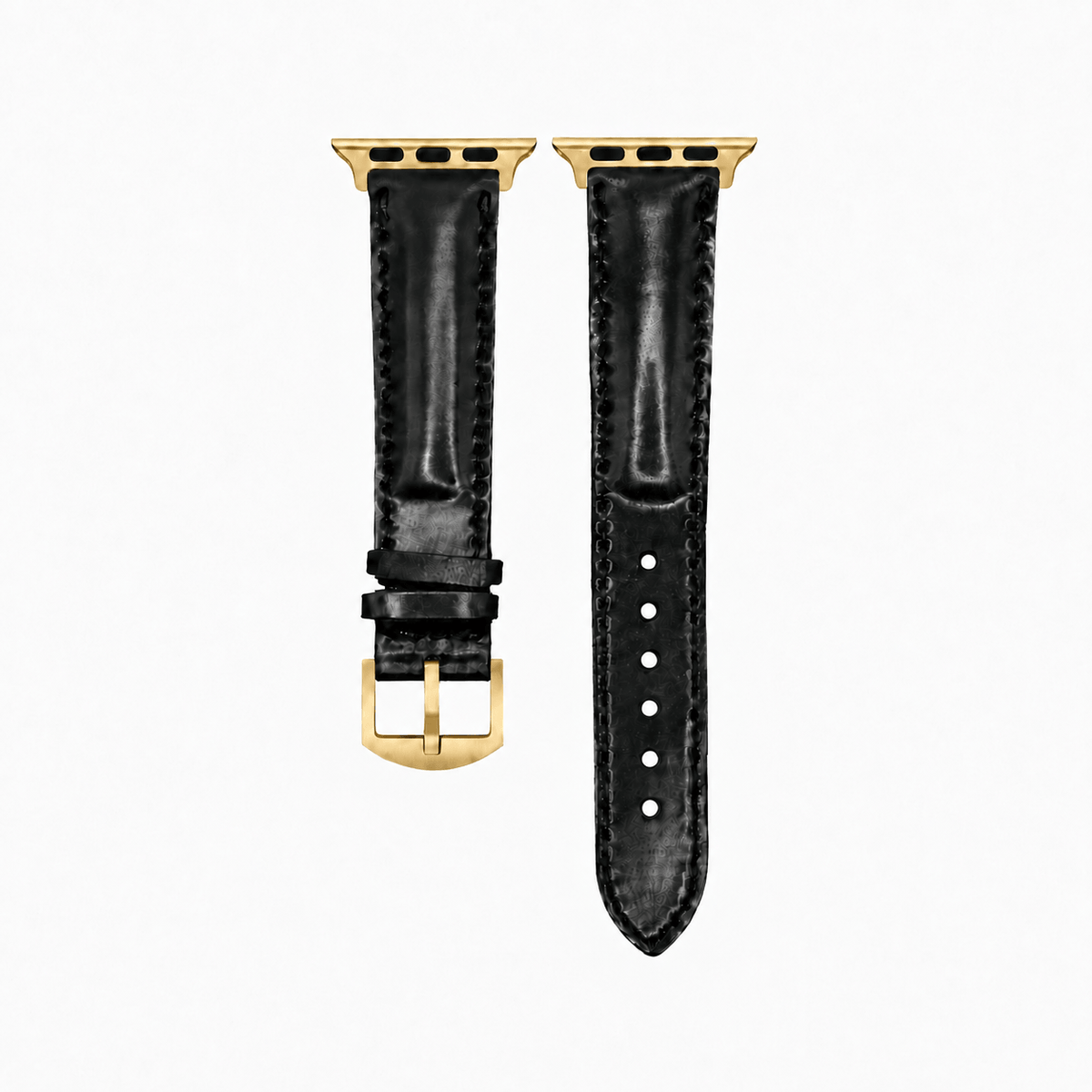 Apple Watch Armband Luxus aus Horween Shell Cordovan in Schwarz mit goldenem Verschlussdetail.
