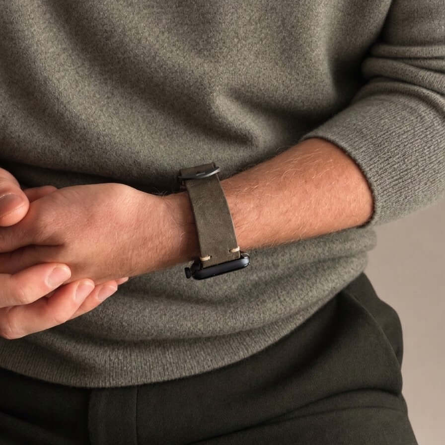 Hunter Apple Watch Armband Leder Olive an einem Handgelenk, kombiniert mit einem grauen Pullover.