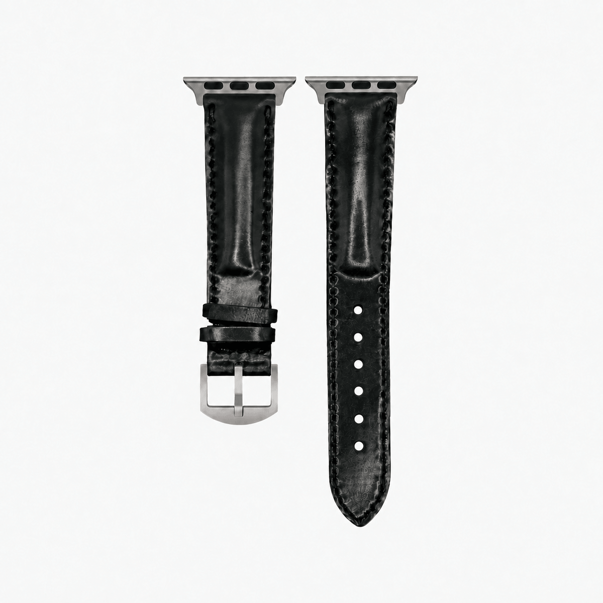 Apple Watch Armband Luxus aus Horween Shell Cordovan in Schwarz mit Echt Titan Hardware und M Länge.
