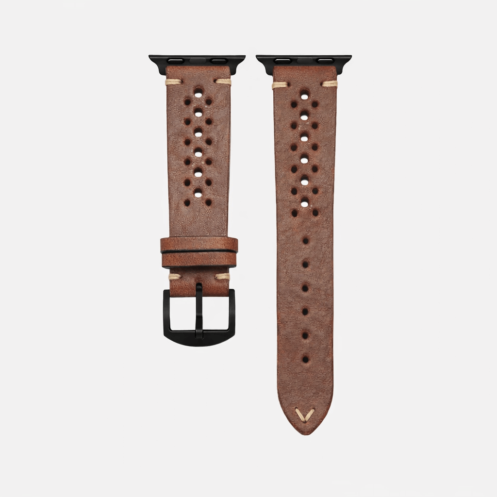 Rallye Lederband für Apple Watch – Hellbraun, vegetabil gegerbtes Rindleder, sportliche Optik, gefertigt in Bayern, natürliche Qualität
