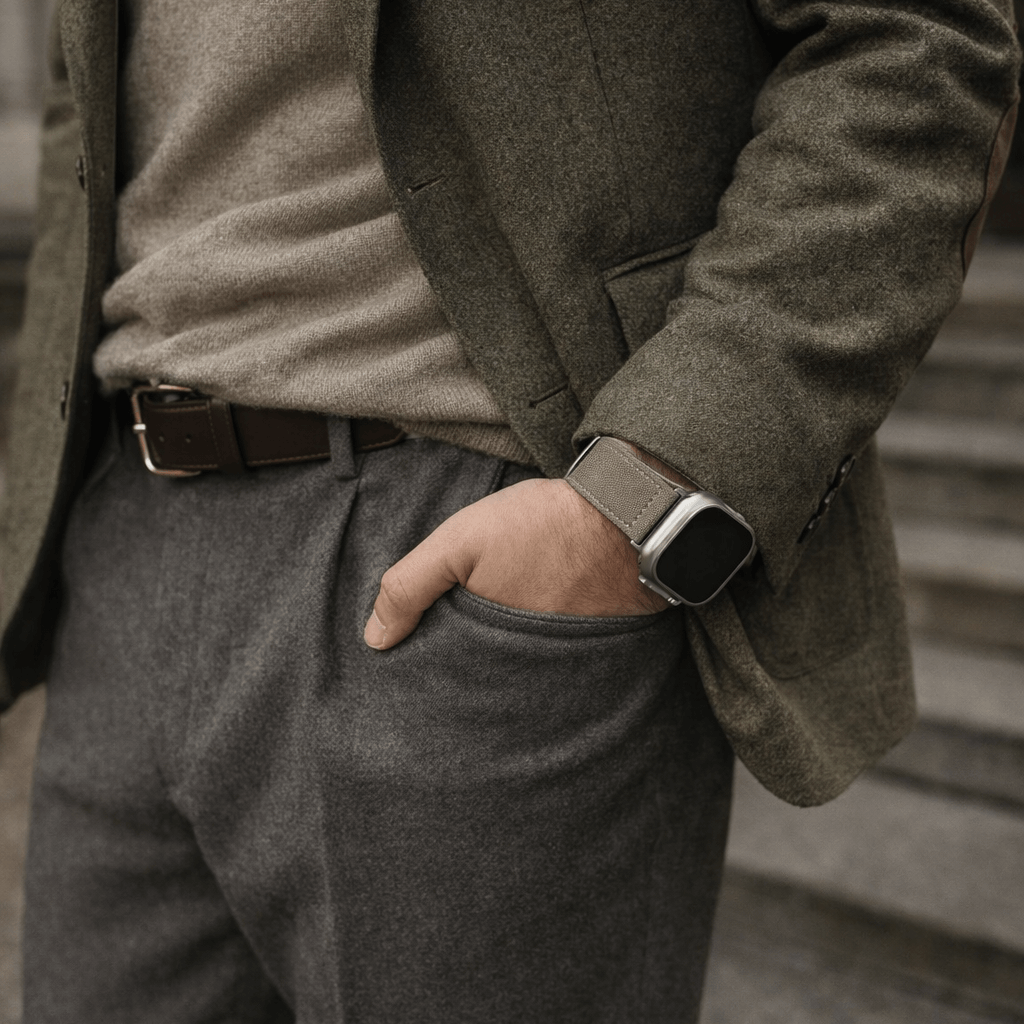 Beiges 24mm Apple Watch Ultra Lederhosen Armband – aus altsämisch gegerbtem Hirschleder, getragen mit klassischem Anzug