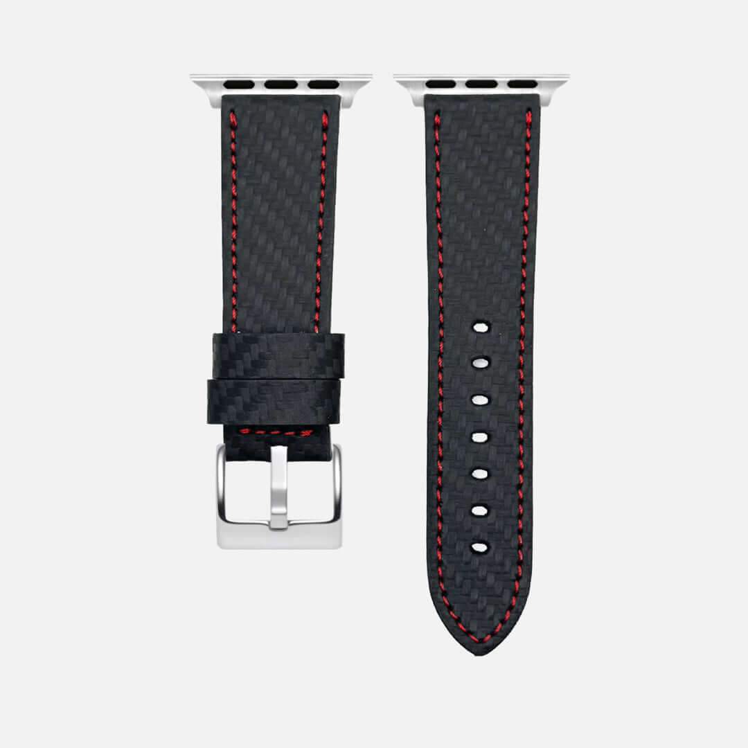 Bergwerk Carbon Rot – Apple Watch Band mit hochwertiger LederCarbon-Struktur, handgefertigt aus echtem Rindleder mit Carbon-Design.