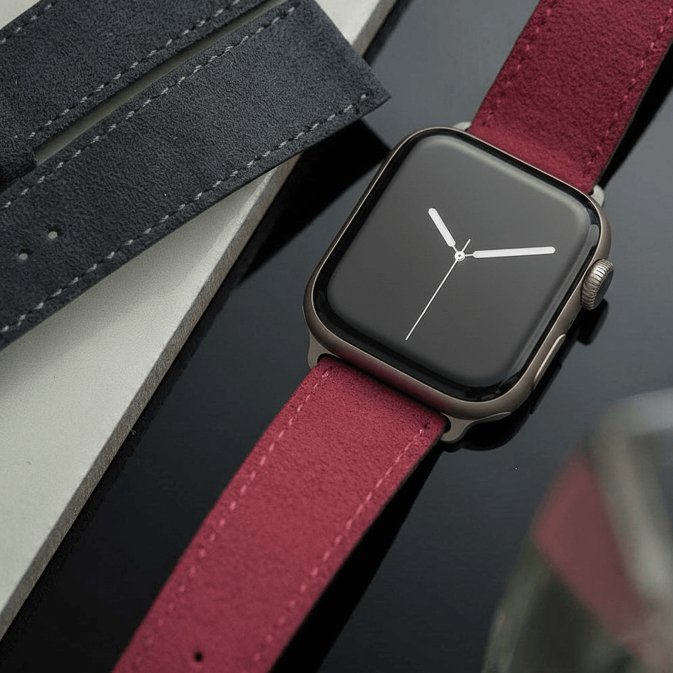 Alcantara – Apple Watch Armband in Rot mit edlem Design und dunkler Uhr auf hellem Hintergrund.