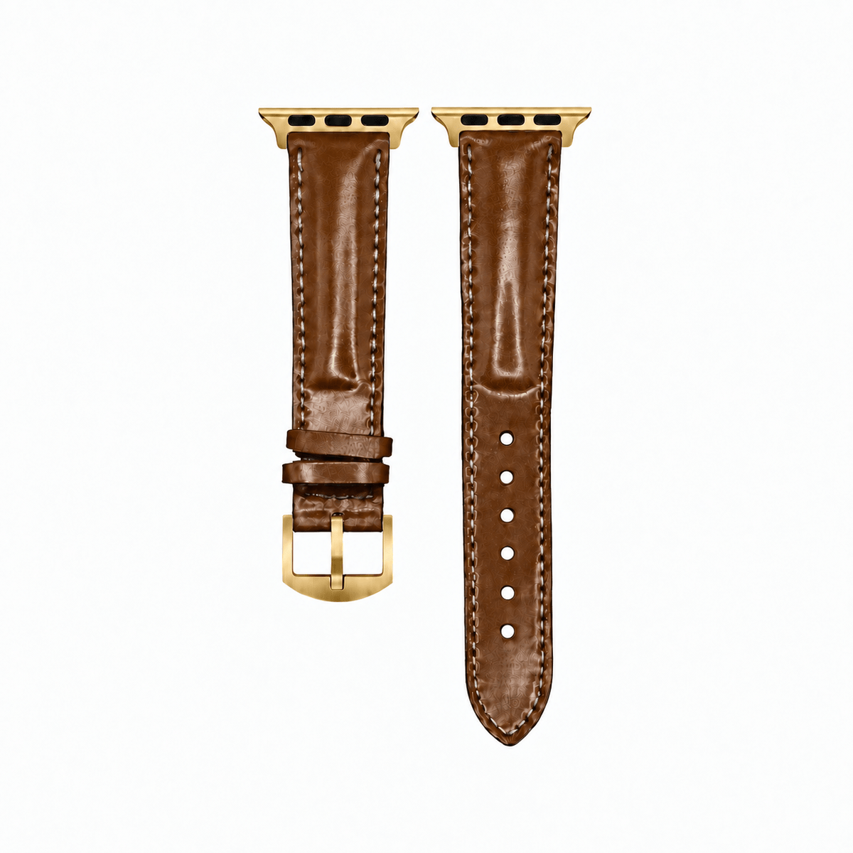 Apple Watch Armband Luxus aus Horween Shell Cordovan in Cognac, braunes Lederarmband mit goldfarbener Hardware.