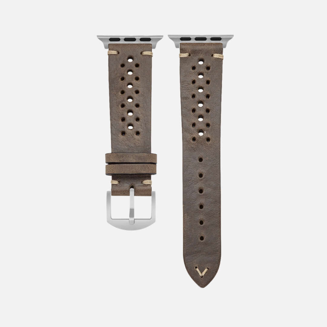 Rallye Lederband für Apple Watch – Olivgrün, sportliches Design, handgefertigt aus vegetabilem Rindleder, italienische und bayerische Qualität.