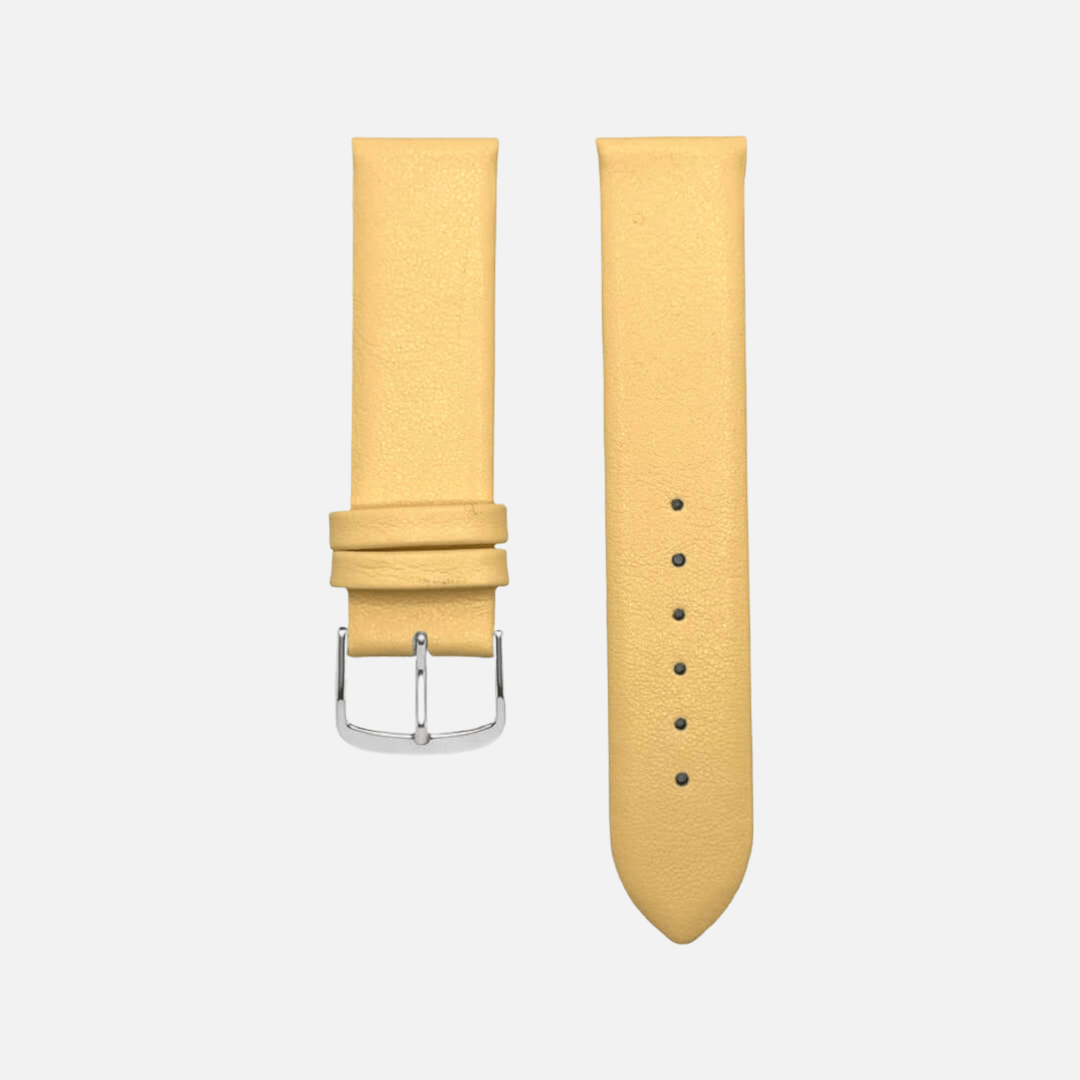 Lederarmband Damenuhr – Modell Holiday von FLUCO in Gelb, aus weichem Kalbleder mit silberner Schnalle, zeitloses Design und Komfort