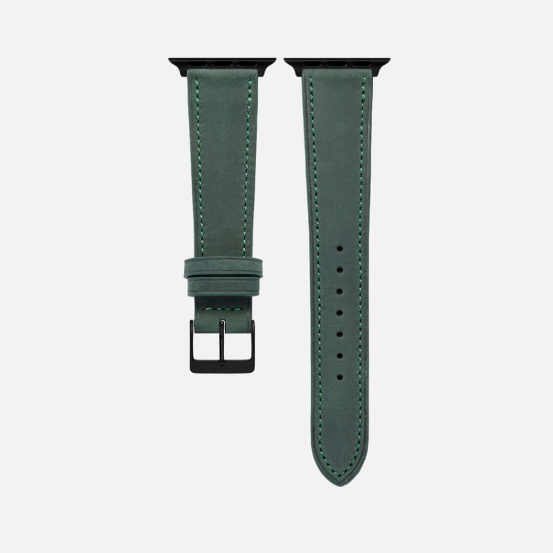 Mountain Apple Watch Lederarmband – Dunkelgrün aus italienischem Nubukleder, matt und samtig, mit wasserabweisender Beschichtung.