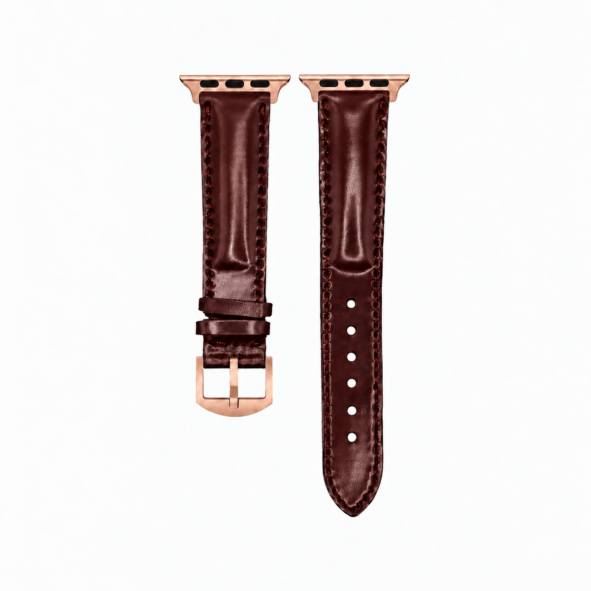 Apple Watch Armband Luxus aus Horween Shell Cordovan in Oxblood mit Roségold-Hardware, stilvoll und hochwertig.