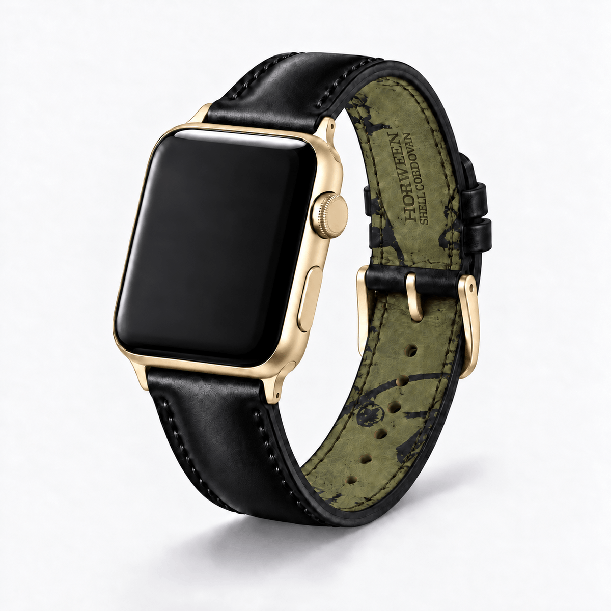 Apple Watch Armband Luxus aus Horween Shell Cordovan in Schwarz an goldener Apple Watch.