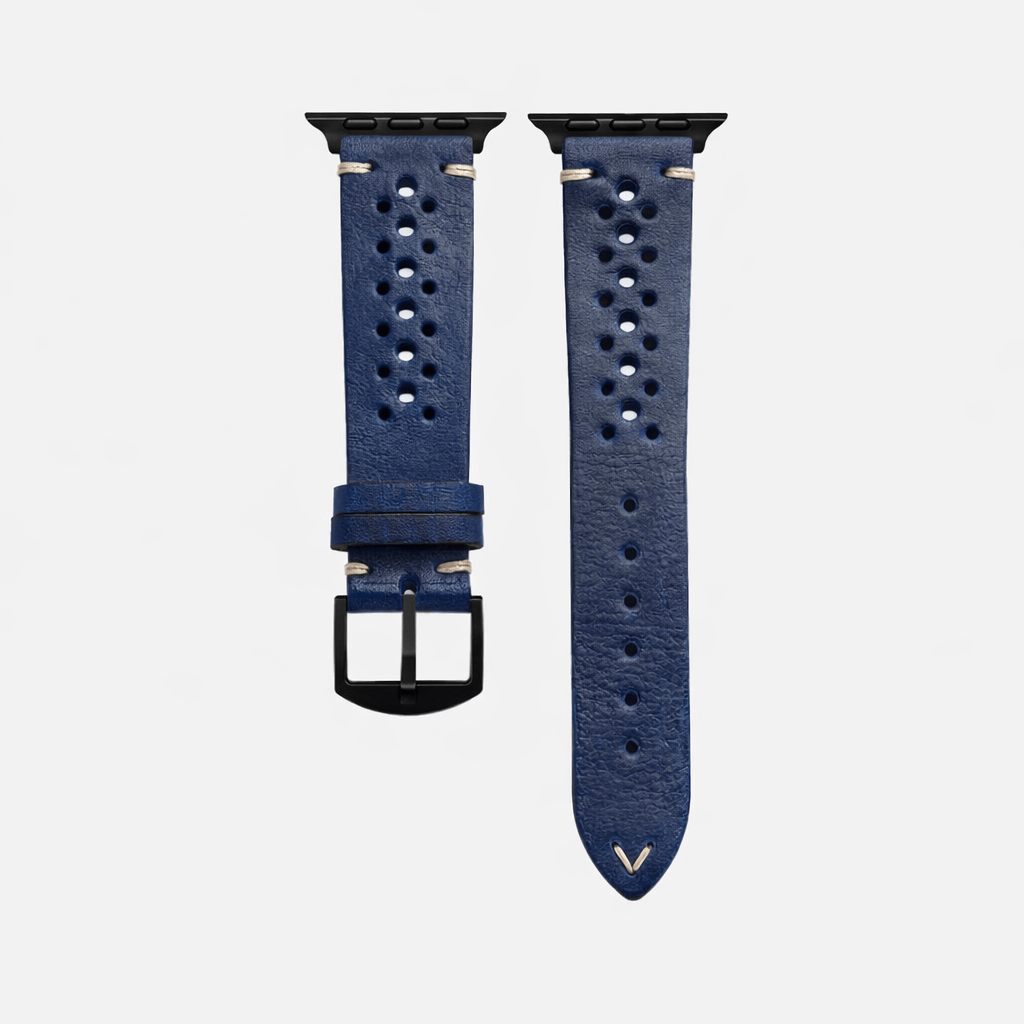 Rallye Lederband für Apple Watch – Blau, sportliches Design, vegetabil gegerbtes Rindleder, handgefertigt in Bayern, nachhaltige Qualität