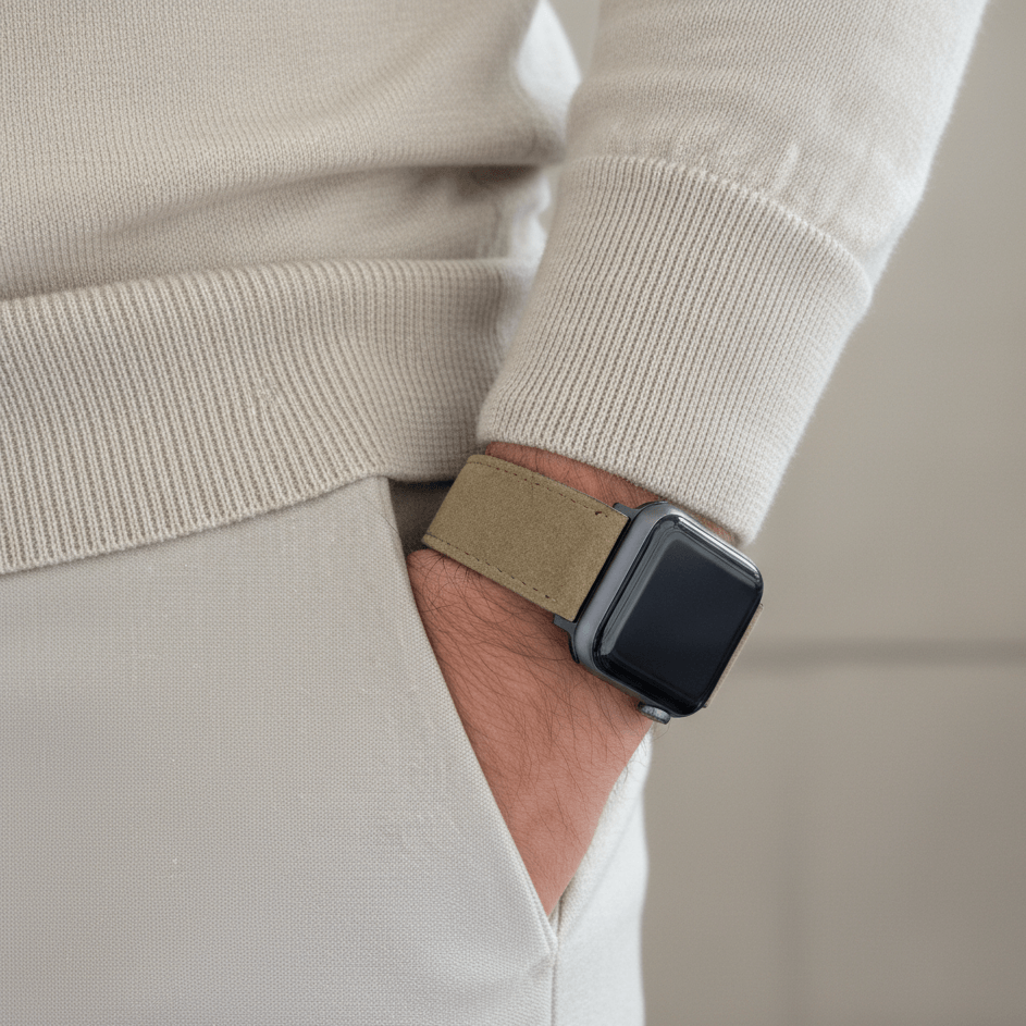 Alcantara – Apple Watch Armband in Beige am Handgelenk eines Models in beigem Pullover.