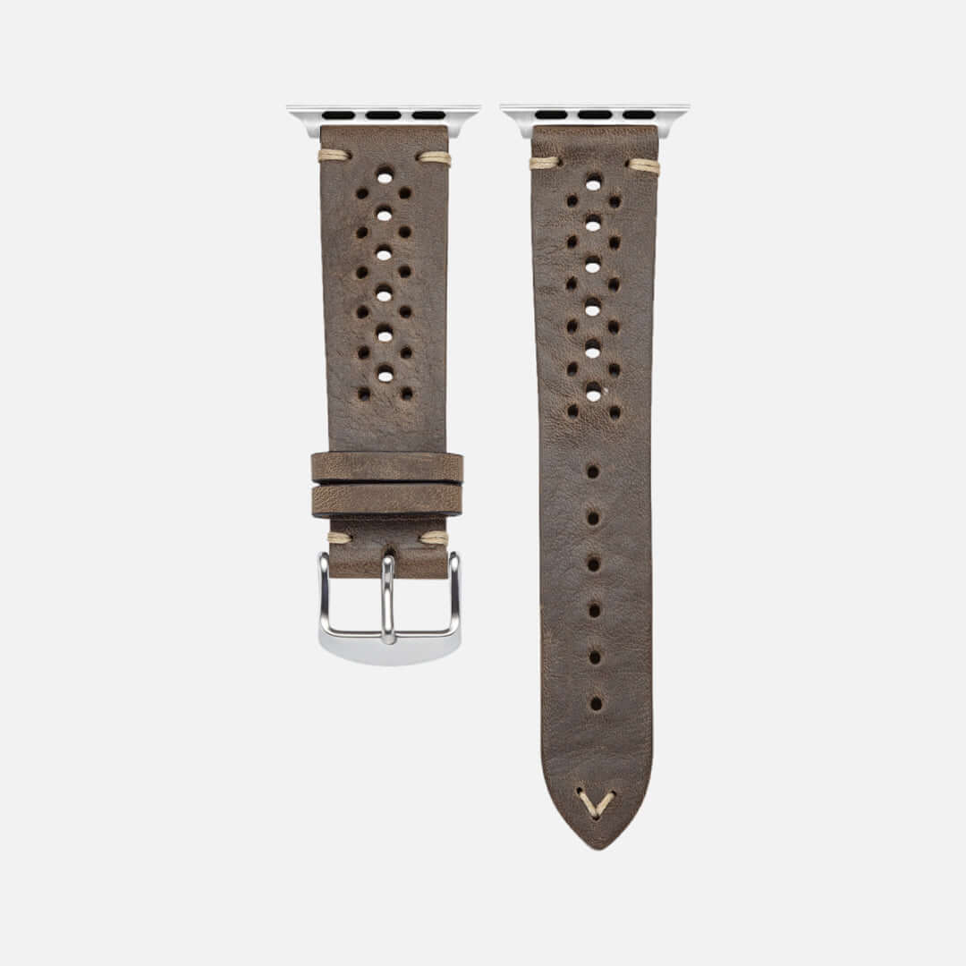 Rallye Lederband für Apple Watch – Olivgrün aus toskanischem Rindleder, handgefertigt in Bayern, sportlich und nachhaltig.