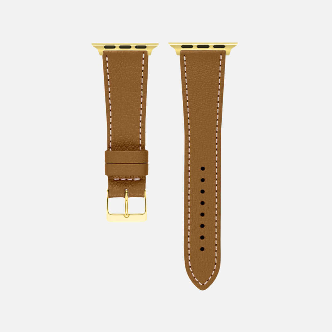 Mhyre kurzes Apple Watch Armband- Biarritz in elegantem Lederdesign, zeitloser Braunton, wasserabweisend und hautfreundlich.