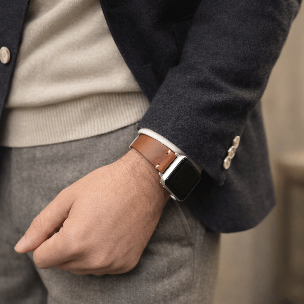 Hunter Apple Watch Armband Leder Hellbraun an einem Handgelenk mit Anzug, elegantes Design und hochwertige Verarbeitung.
