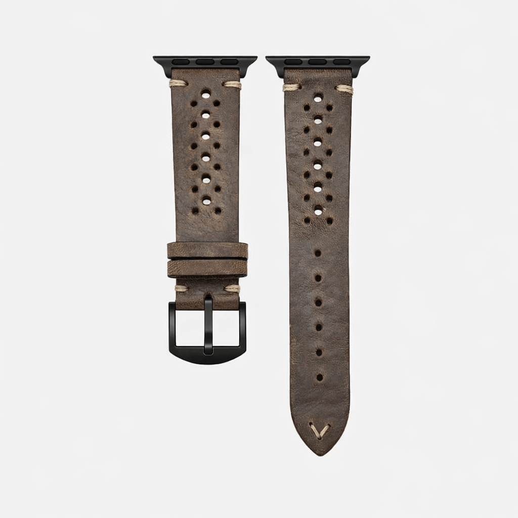 Rallye Lederband für Apple Watch – Olivgrün, aus vegetabil gegerbtem Rindleder, sportlich, handgefertigt in Bayern, mit gewachstem Garn.