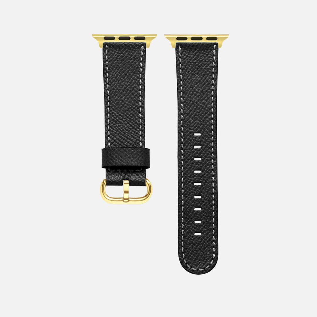 Luxuriöses Apple Watch Lederarmband Damen Cupertino Schwarz aus edlem Epsom Kalbleder mit goldenen Details, elegant und strapazierfähig.