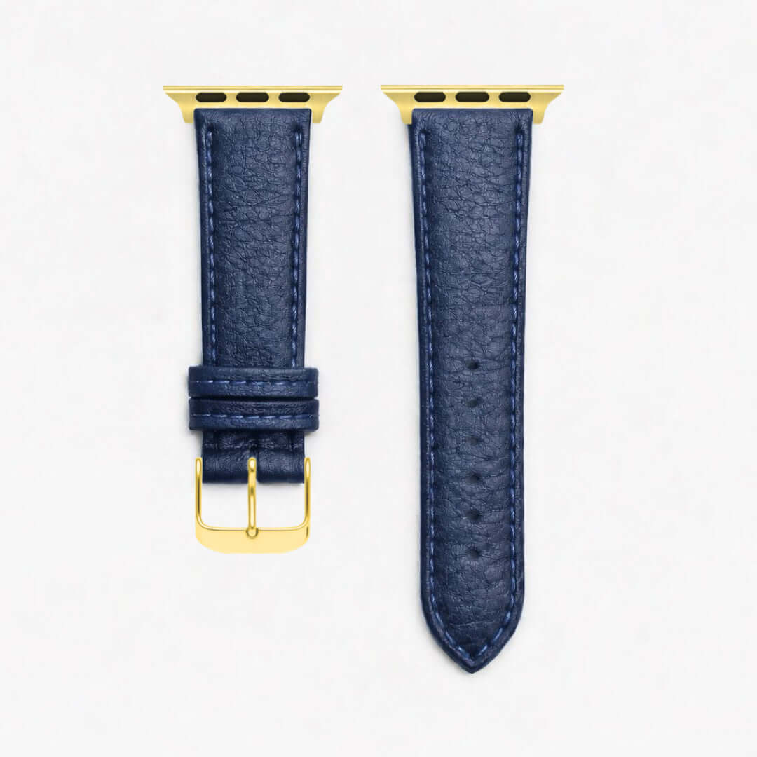 Apple Watch Stierlederarmband Torro Blau aus spanischem Leder, handgefertigt in Deutschland, in kräftiger blauer Farbe und goldener Schließe.
