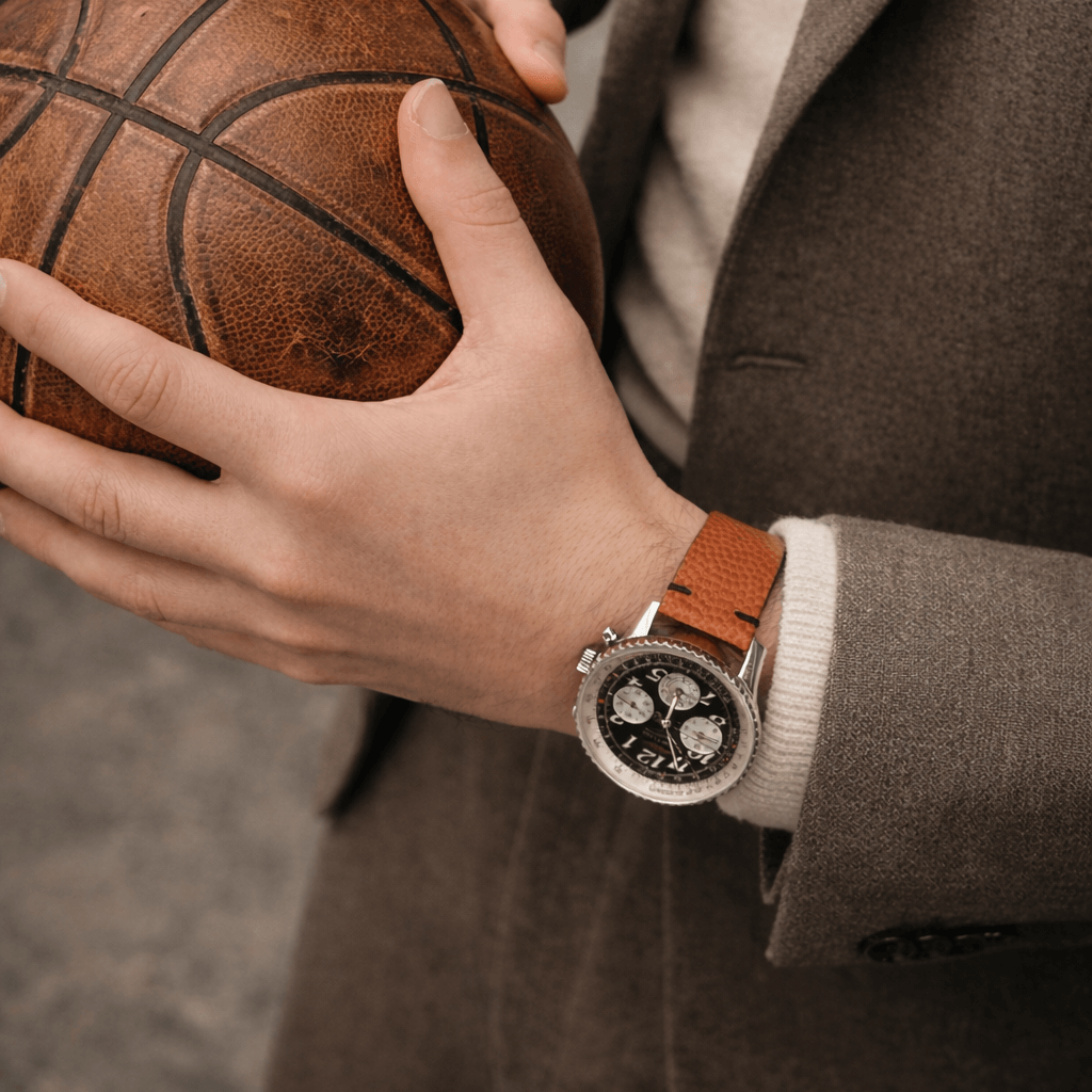 Courtside – Uhrenarmband Handgefertigt aus original Horween Basketballleder an einer Breitling Navytimer Uhr getragen