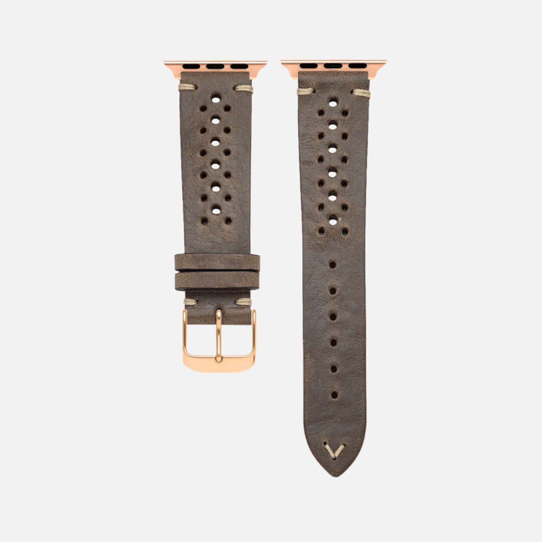 Rallye Lederband für Apple Watch – Olivgrün, handgefertigt aus toskanischem Rindleder, sportlich-elegant und umweltfreundlich.