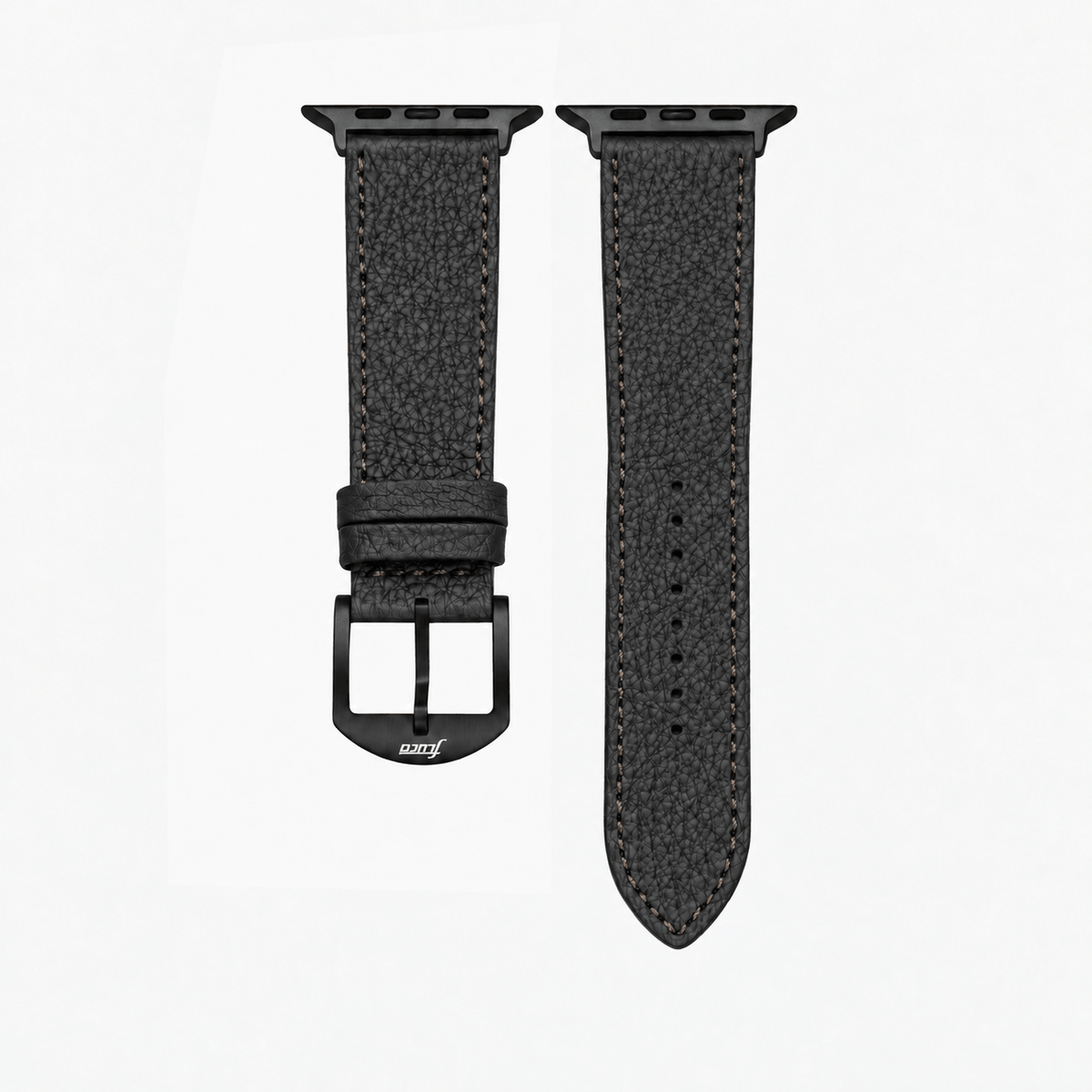 Schwarzes Lederarmband für Apple Watch aus Togoleder, luxuriöses Design mit markanter Narbung und schwarzer Hardware.