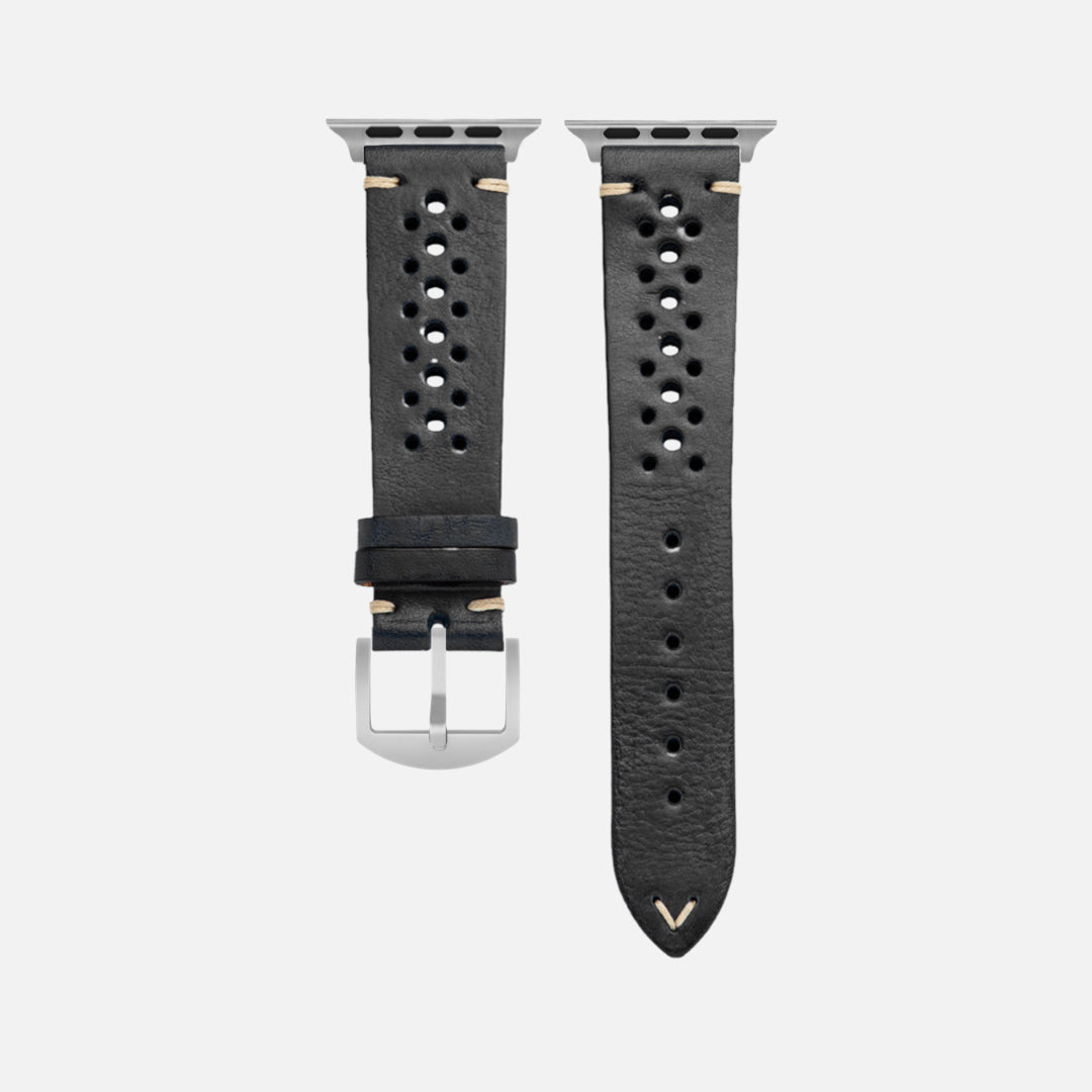 Rallye Lederband für Apple Watch in Schwarz, aus toskanischem vegetabil gegerbtem Rindleder, sportliches Design, Qualität und Eleganz.
