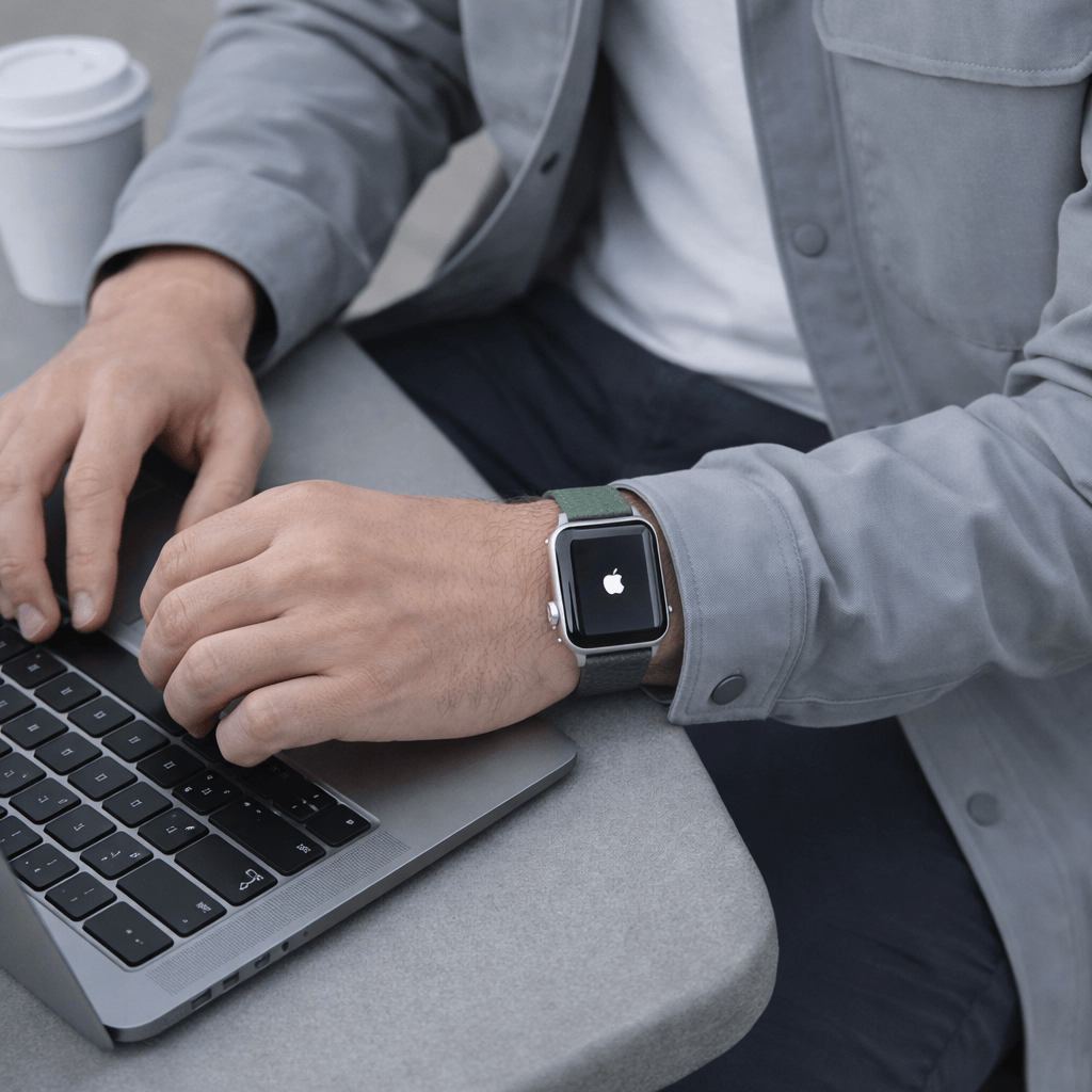 Mann mit Apple Watch Stierlederarmband Torro Dunkelgrün am Laptop im Café