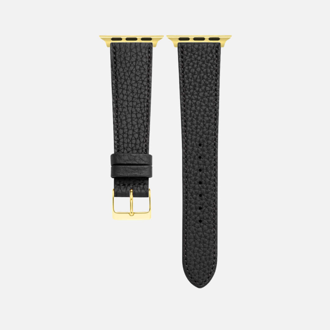 Schwarzes Lederarmband für Apple Watch aus Togoleder mit goldener Schnalle, handgefertigt aus Togoleder von Perlinger und Zermatt-Kalbleder.
