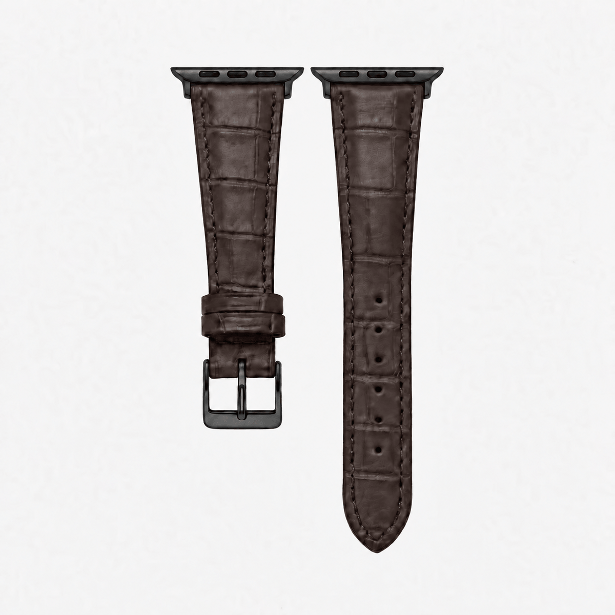 Dunkelbraunes Apple Watch Armband Louisiana Alligator Full Cut aus echtem Alligatorleder mit schwarzer Hardware.