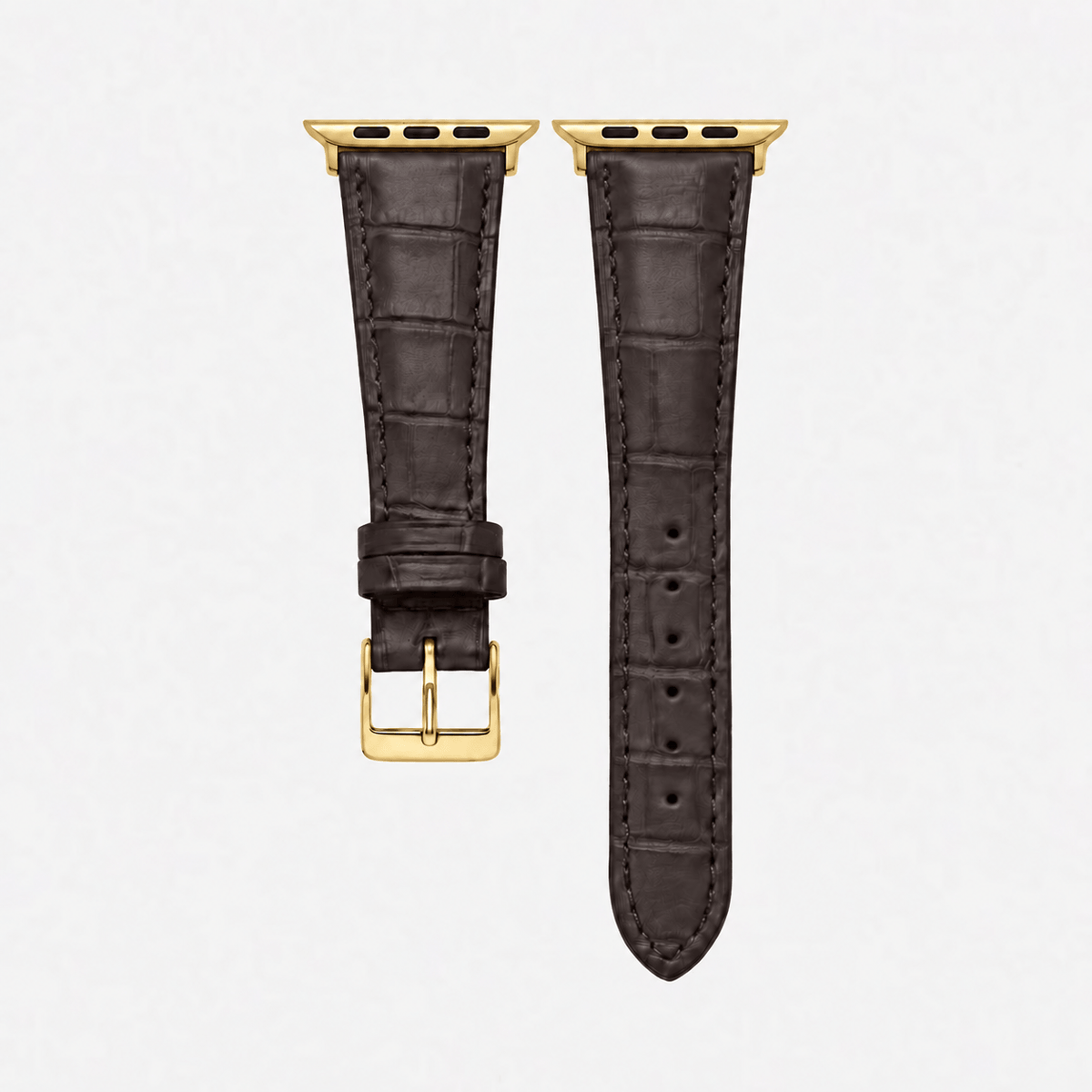 Dunkelbraunes Apple Watch Armband Louisiana Alligator Full Cut mit goldener Hardware und charakteristischer Schuppenstruktur.