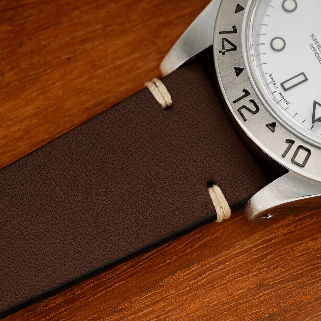 Verde – 20mm Uhrenarmband aus pflanzlich gegerbtem Olivenleder an der Rolex Explorer 2.
