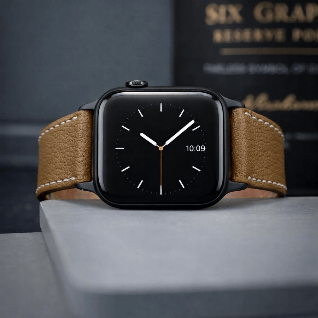 Mhyre kurzes Apple Watch Armband- Biarritz in elegantem Braun mit Lederoptik und warmen Farbnoten.
