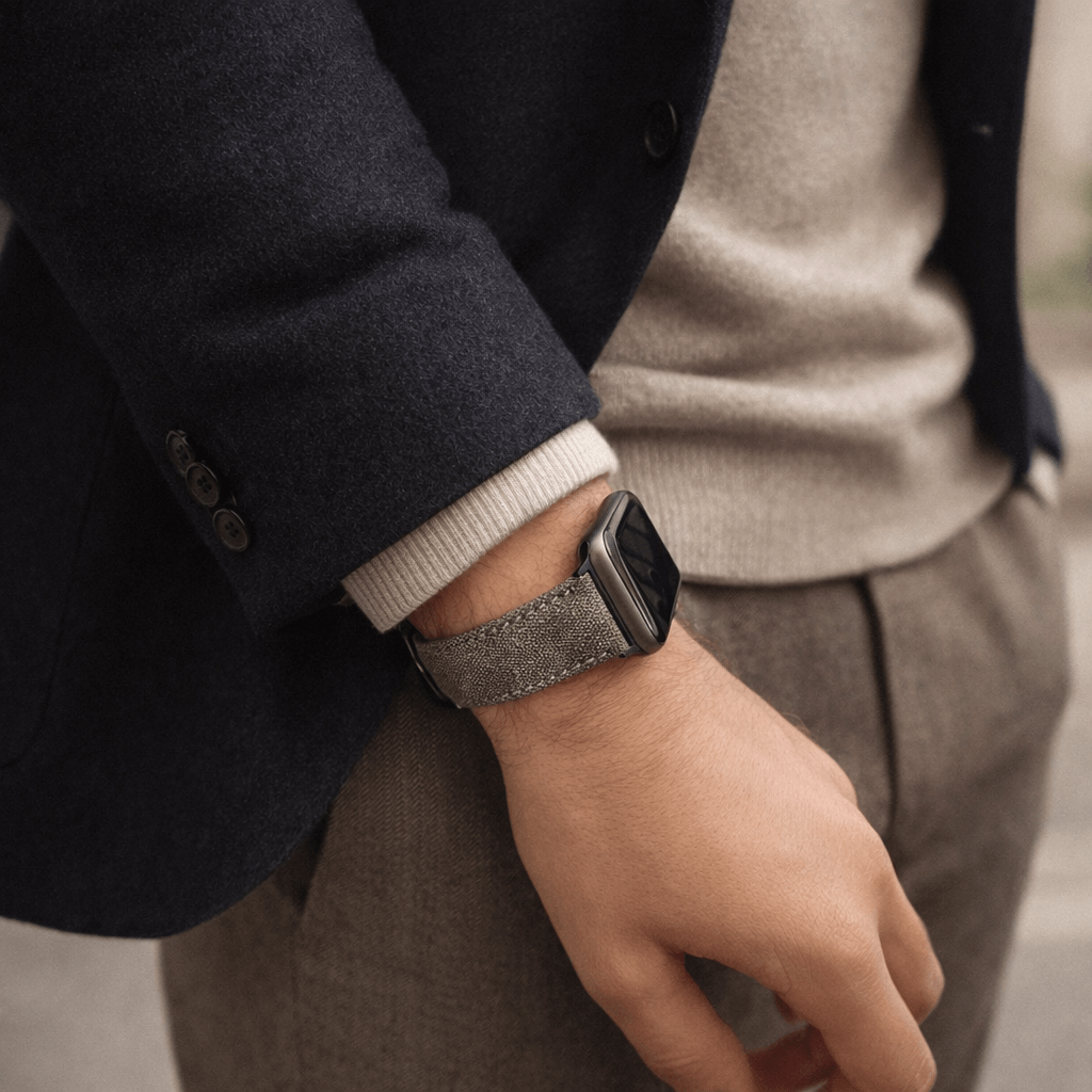 Graues Canvas Apple Watch Band Baumwolle an einem Handgelenk, passend zu beigem und blauem Outfit, stilvolles Accessoire für Alltag und Business.
