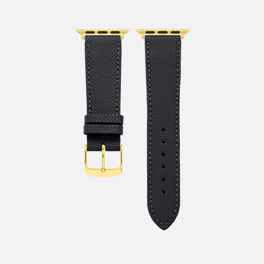 Nautilus Apple Watch Lederarmband – Schwarz, Wasserfest, aus hochwertigem Rindleder mit goldener Schließe, ideal für Sport.