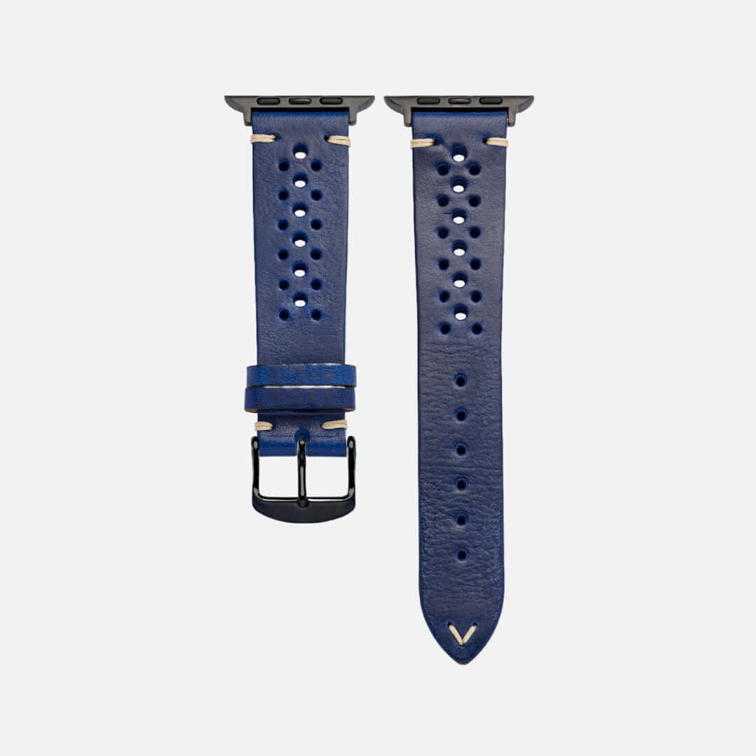 Rallye Lederband für Apple Watch – Blau, handgefertigt aus toskanischem Leder, sportliches Design, nachhaltig und chemiefrei.