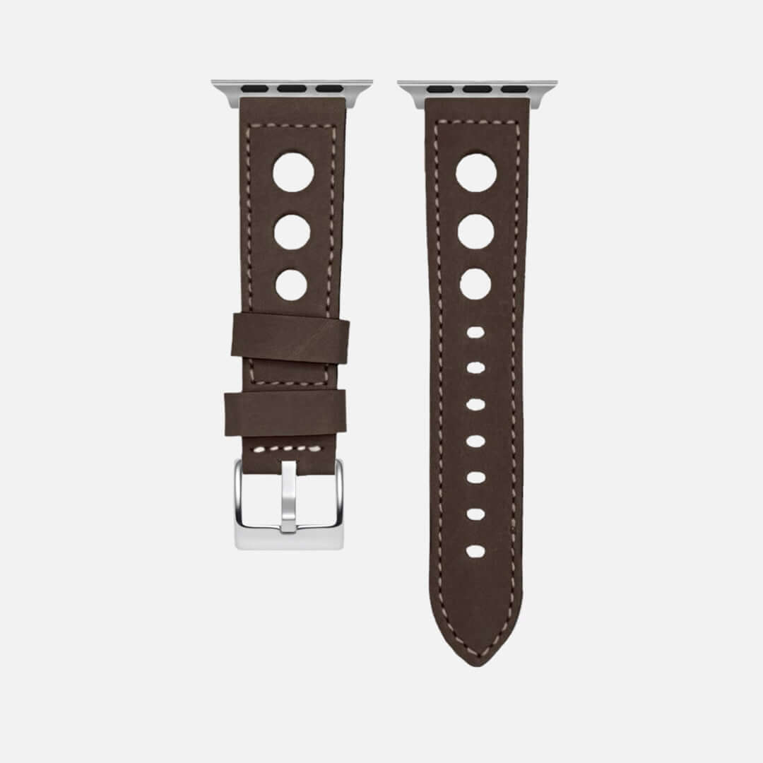 Dunkelbraunes Rallye Apple Watch Lederarmband im Panerai-Stil aus Kalbleder, handgefertigt in Deutschland mit markantem Design.